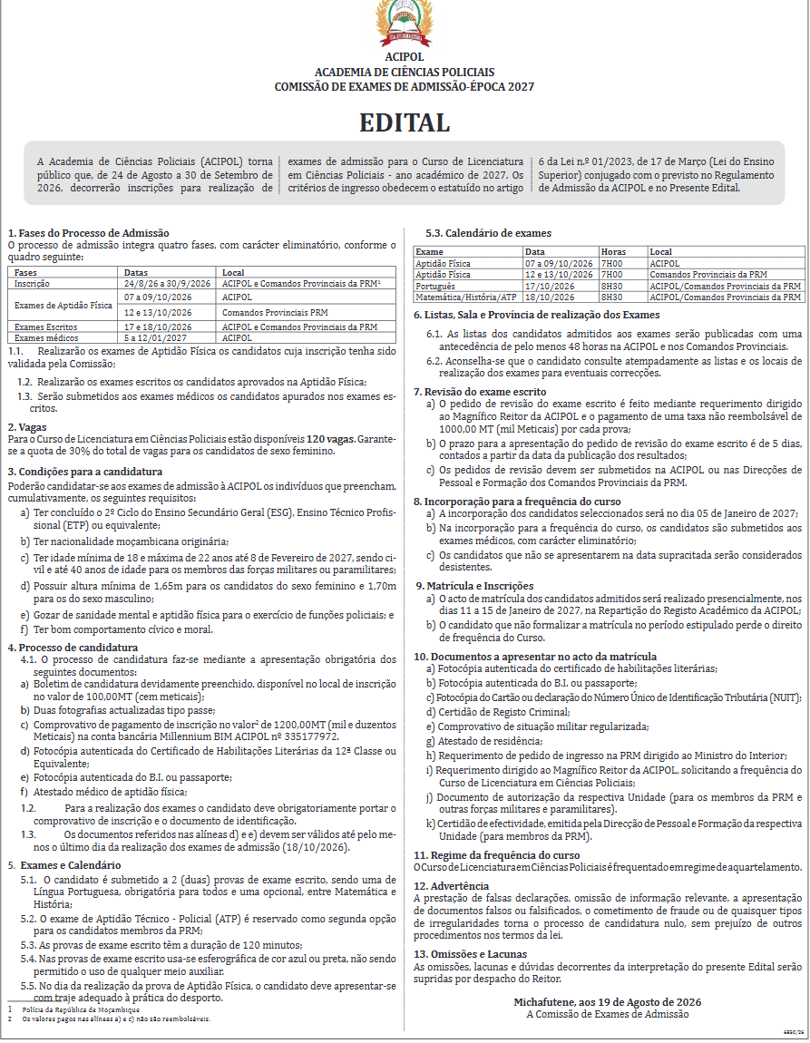 EDITAL ACIPOL 2027: 120 Vagas